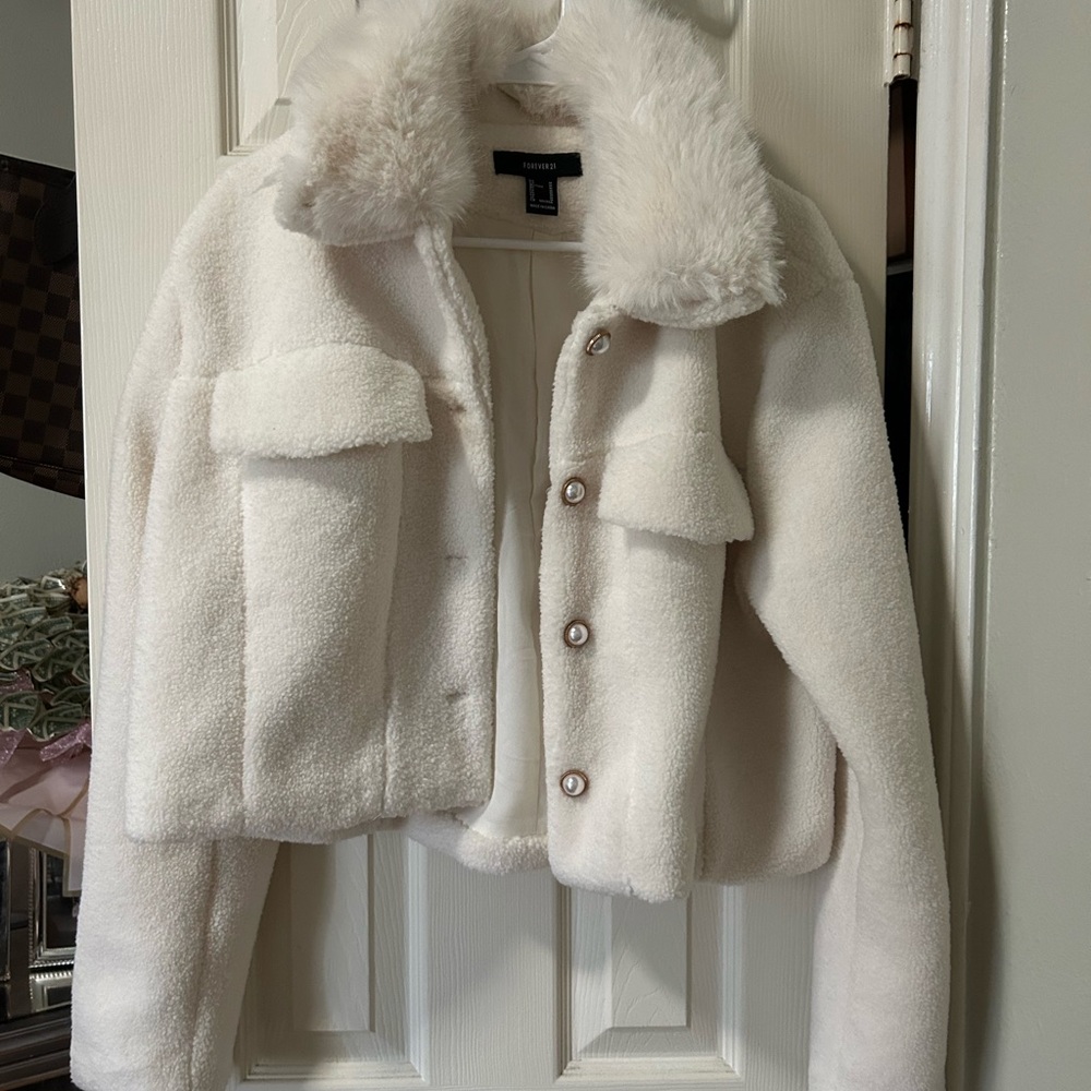 Forever 21 Cream Teddy Jacket with Faux Fur Collar